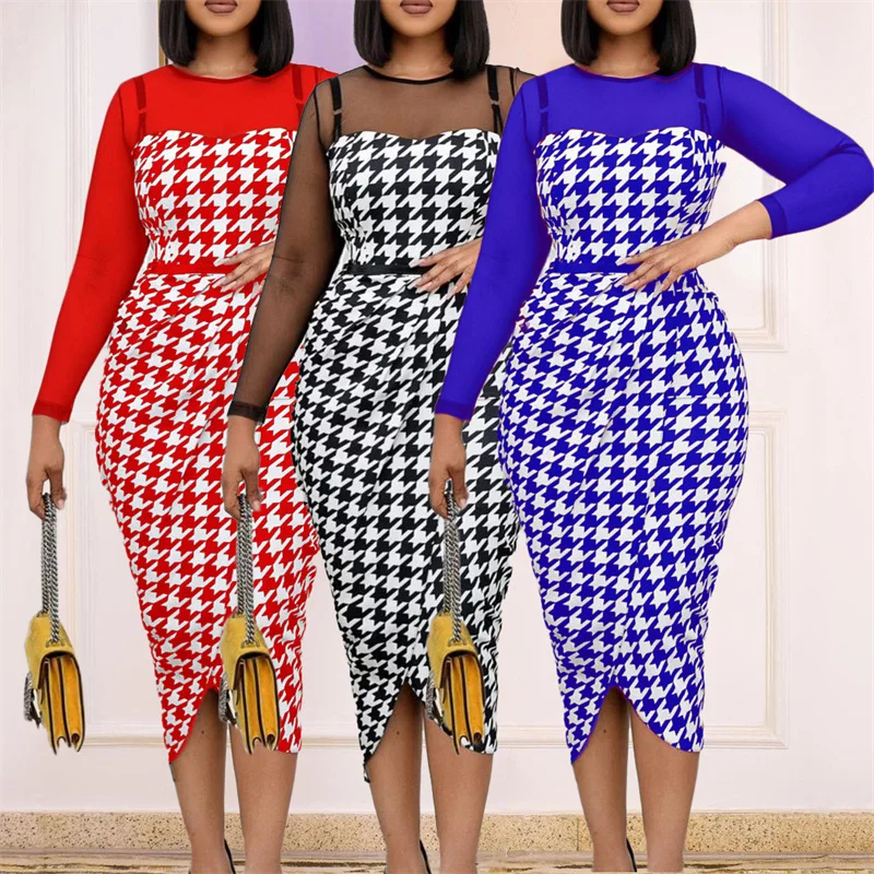 

2022 Spring Women's Dresses Fake Two Piece Houndstooth Spliced Black Dress Lady Flares Female Robe Dress