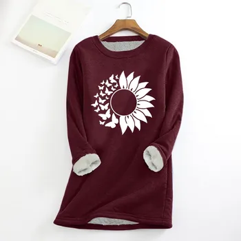 Women Casual Print Shirt Thick Fleece Sweatshirt Winter Round Neck Warm Soft Fashion Underwear Ladies Sweatshirts Tunic Style 1