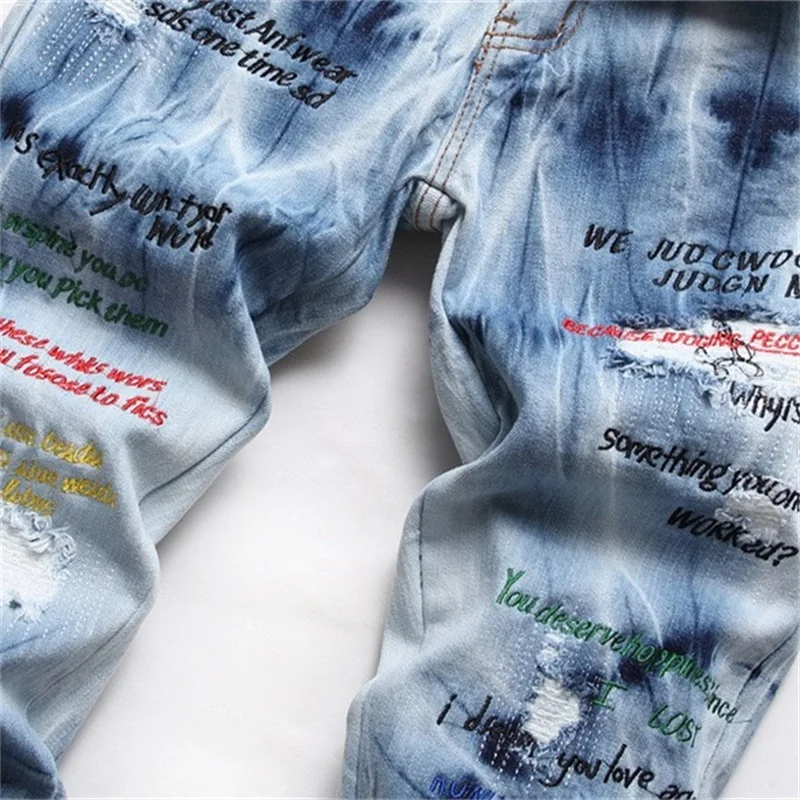 EH·MD® English Embroidered Men's Jeans Frayed Soft Casual Cotton Elastic Pants Iceberg Snow Effect Slim Seasonal White High 2023