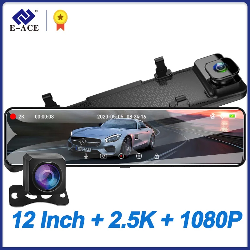 E-ACE Car Dvr 12 Inch Stream Media RearView Mirror 2K Night Vision Video Recorder Auto Registrar Support 1080P Rear View Camera