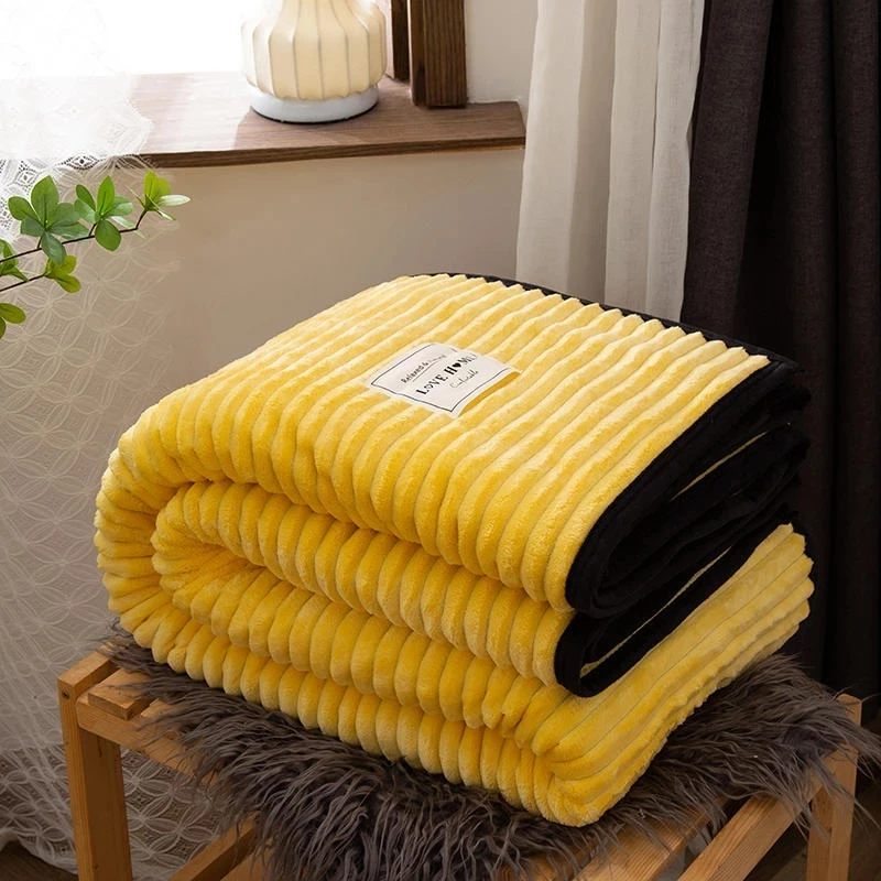 

Super Soft Flannel Winter Blankets For Beds Solid Striped Throw Sofa Cover Bedspread Warm Yellow Blankets for Sofa Decoration