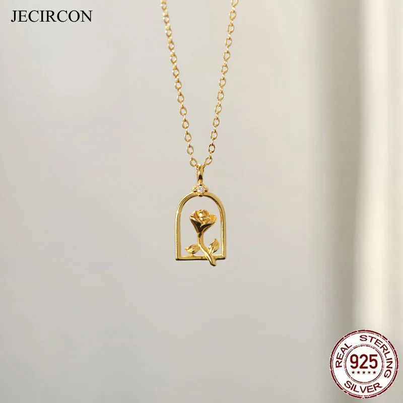 

JECIRCON 100% 925 Sterling Silver Plated 14K Gold Rose Flower Pendant Necklace for Women Simple Exquisite French Clavicle Chain