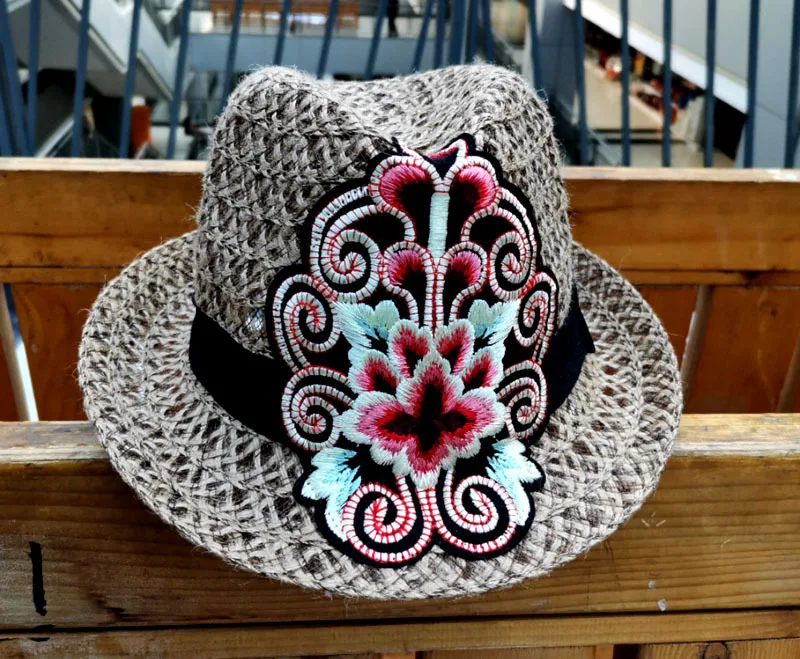 

HOT Handmade Hemp straw hats Embroidered sun hats Retro top hat
