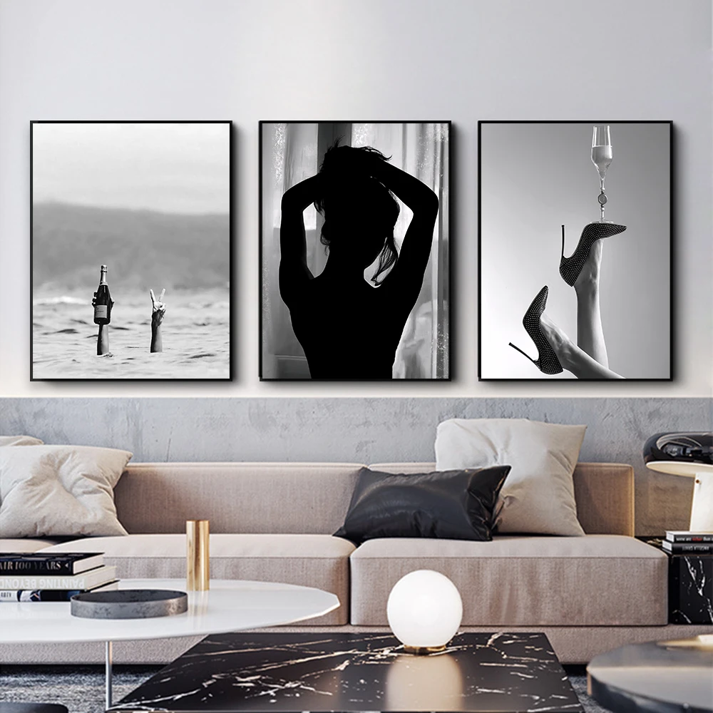 Черно-белый сексуальный настенный художественный постер с принтом женщины вином