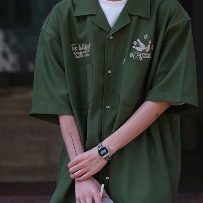 Summer Men's Workwear Short Sleeve Shirt Casual Fashion Loose Cuban Collar Bowling Embroidered Army Green Top 2022