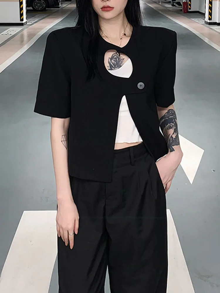 

SONNEESD Summer Streetwear Harajuku Hollow Out Safari Style Loose Coat Vintage O-Neck Black Profile Short Sleeve Suit Coat