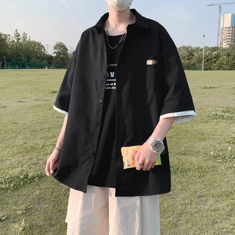 Streetwear Shirt Men Solid  Short Sleeve Shirts Loose Summer Fashion Casual Korean Shirt Mens Tops Clothes 2022 E23
