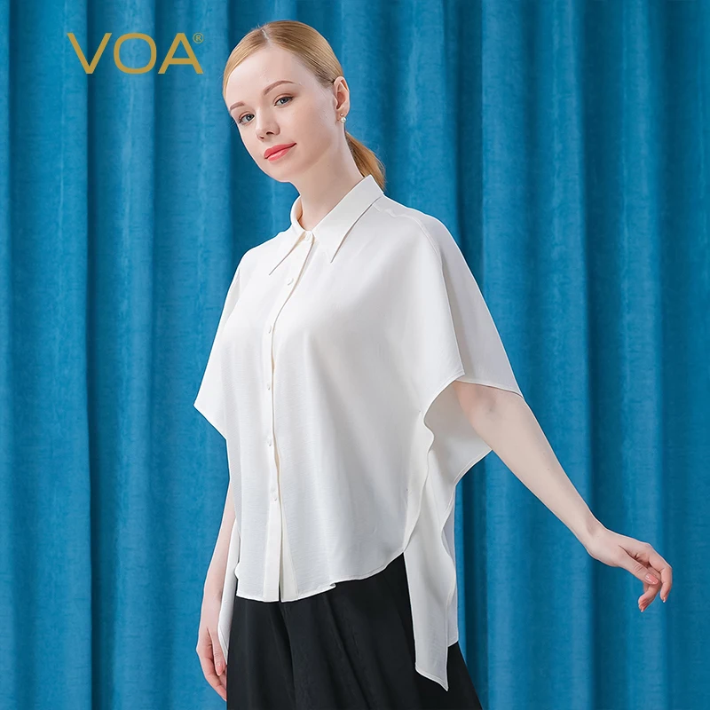 

(Clearance Sale) VOA Elegant Polo-Neck Tops Summer Fashion Batwing Sleeve Single Breasted Blouses Office Lady Loose Shirts BE371