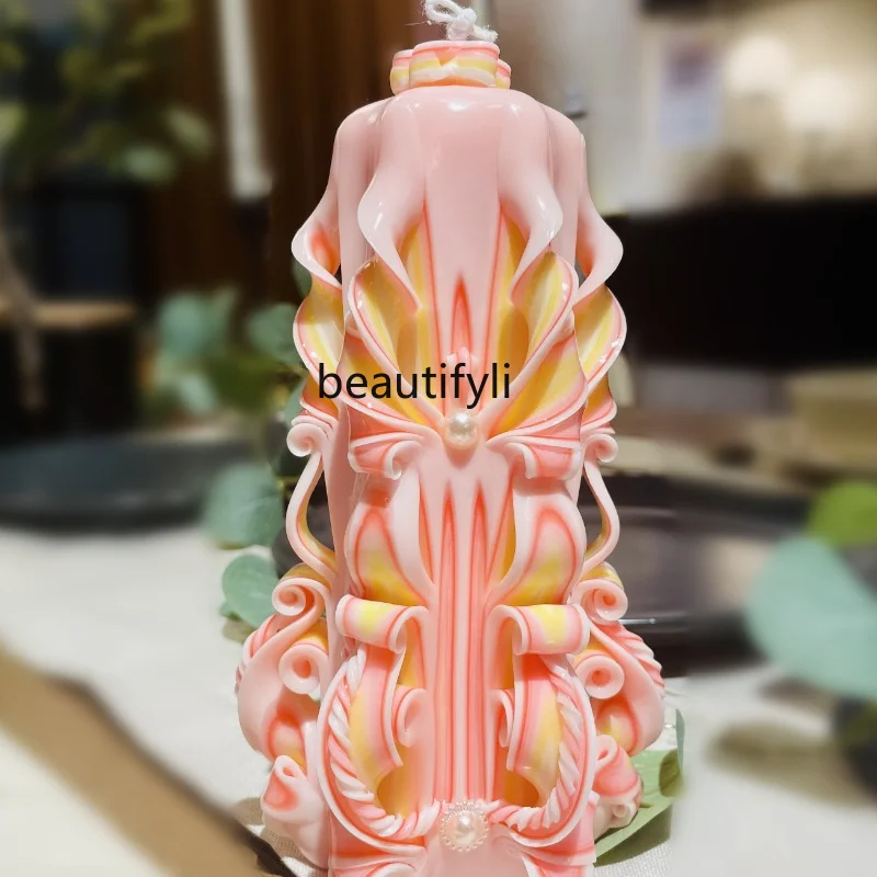 

zq Hand Carved Craft Blessing Sleep Aid Atmosphere Decoration Birthday Aromatherapy Candle Pink