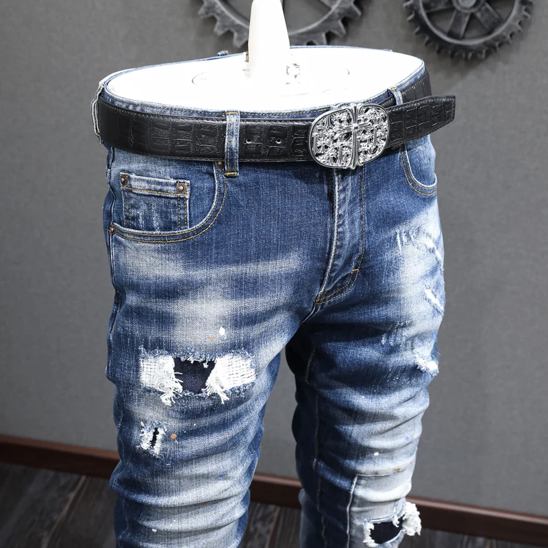 Fashion Streetwear Men Jeans Retro Blue Stretch Elastic Skinny Fit Ripped Jeans Men Patched Designer Hip Hop Denim Pants Hombre
