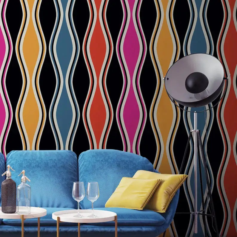 

Mid Century Lines Modern Wallpaper - 70s Pattern - Black Wallpaper - Geometric Patterns - Removable Wallpaper - Reusable - SKU:M