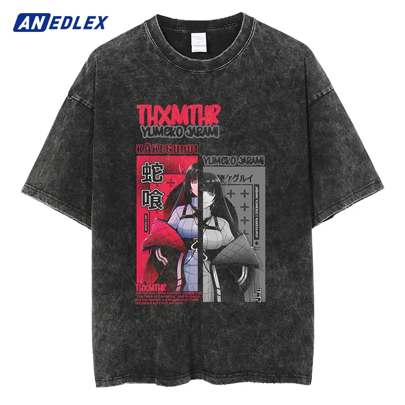 

Men Streetwear Black Washed Tshirt Harajuku Japanese Anime Print T-Shirt 2023 Summer Short Sleeve Cotton Vintage Tops Tees