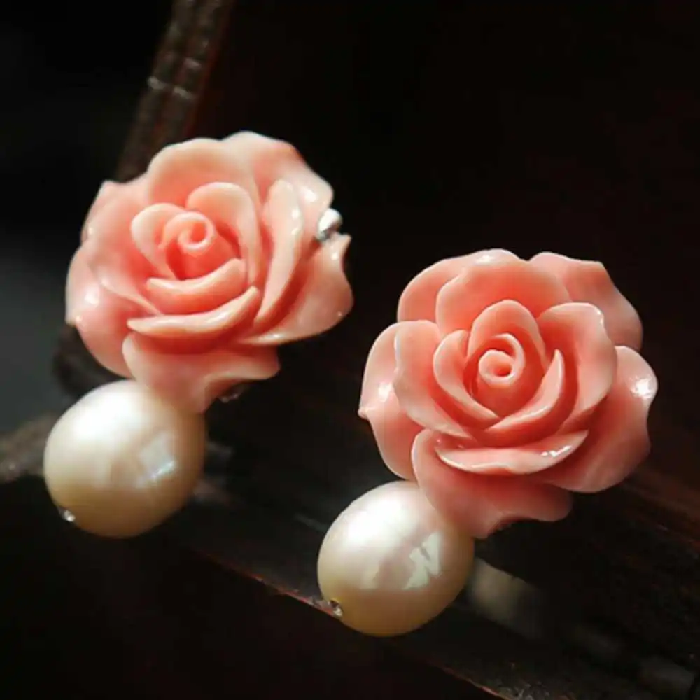 

Natural Fresh Water White Pearl Stud Earrings For Women Coral Powder Luxury Fine Jewelry