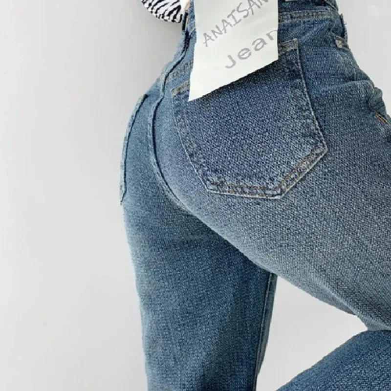 Винтажные Женские Прямые Джинсы С Высокой Талией Классические Синие Хлопковые