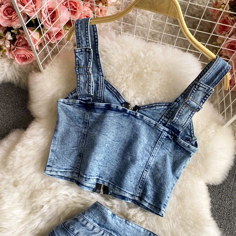 Женские винтажные джинсовые комплекты летний короткий топ на бретелях и