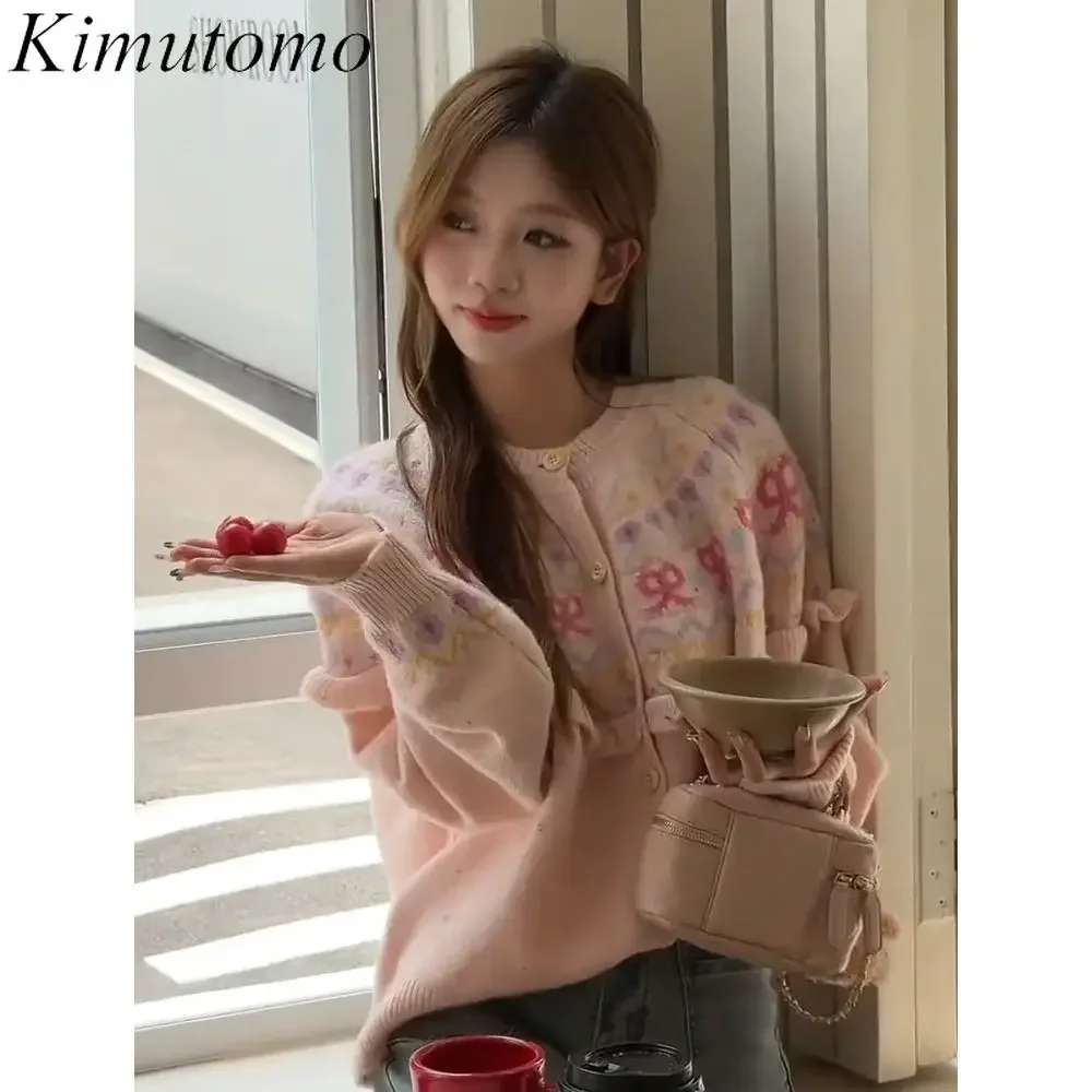 Kimutomo шикарный узор жаккардовый розовый кардиган женский винтажный вязаный с