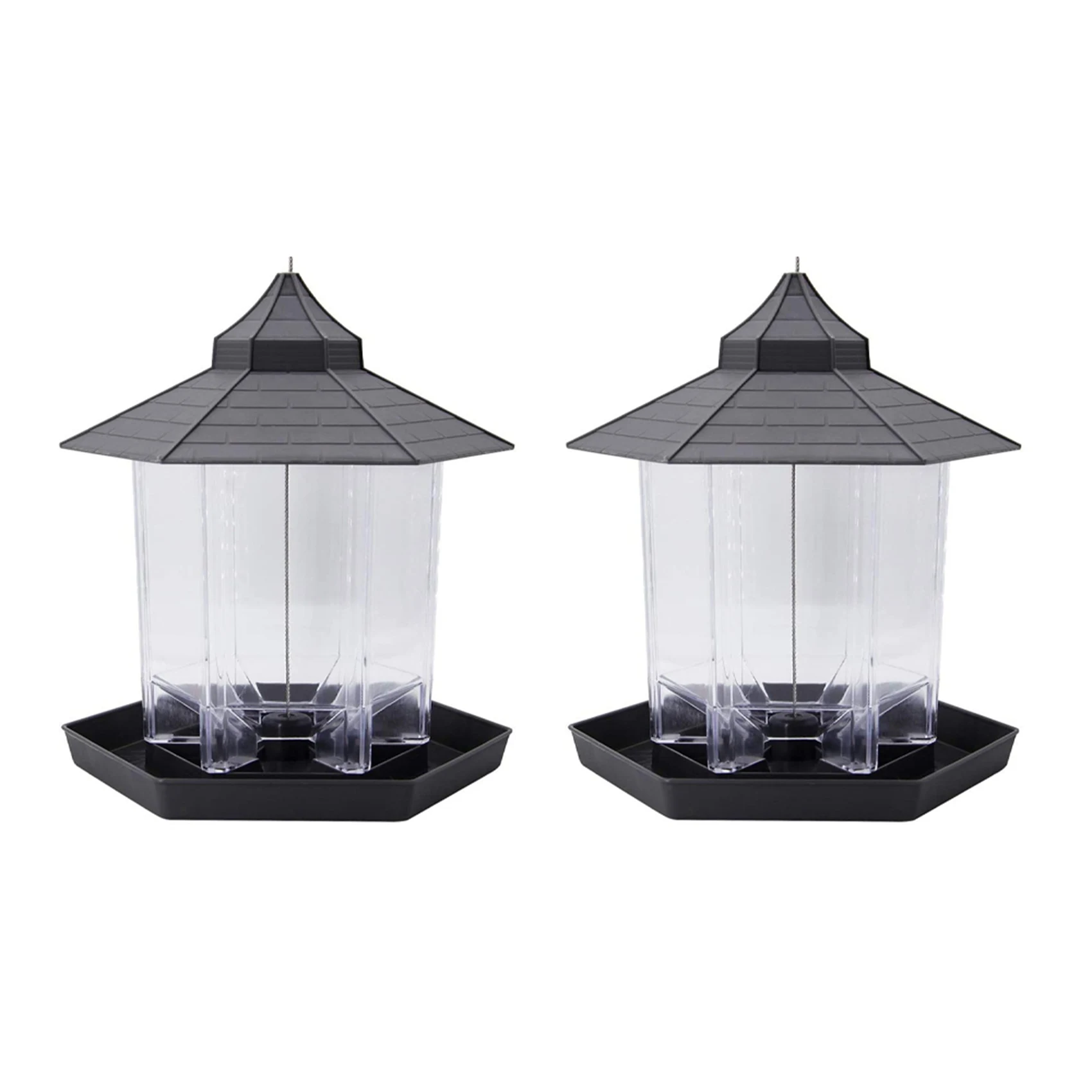 

2X панорамная кормушка для птиц, Шестигранная форма с крышей, подвесная кормушка для украшения сада, двора (серый)