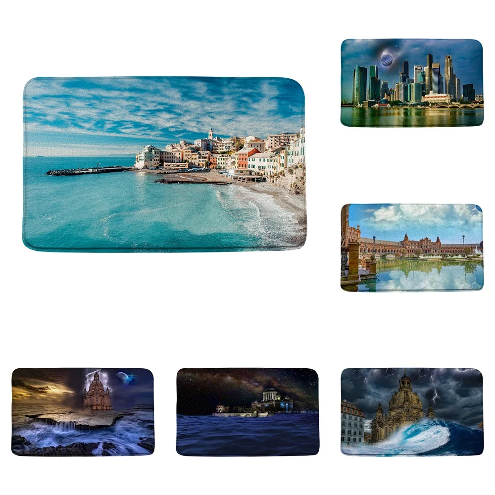 

City Building Landscape Bath Mat Blue Sea Seascape Castle Ocean Waves Bathroom Decor Rug Non Slip Backing Scenery Doormat Carpet