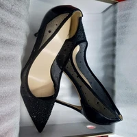 classic black patent leather lace mesh rhinestone pointed toe stilettos elegant ladies black silk party shoes banquet shoes