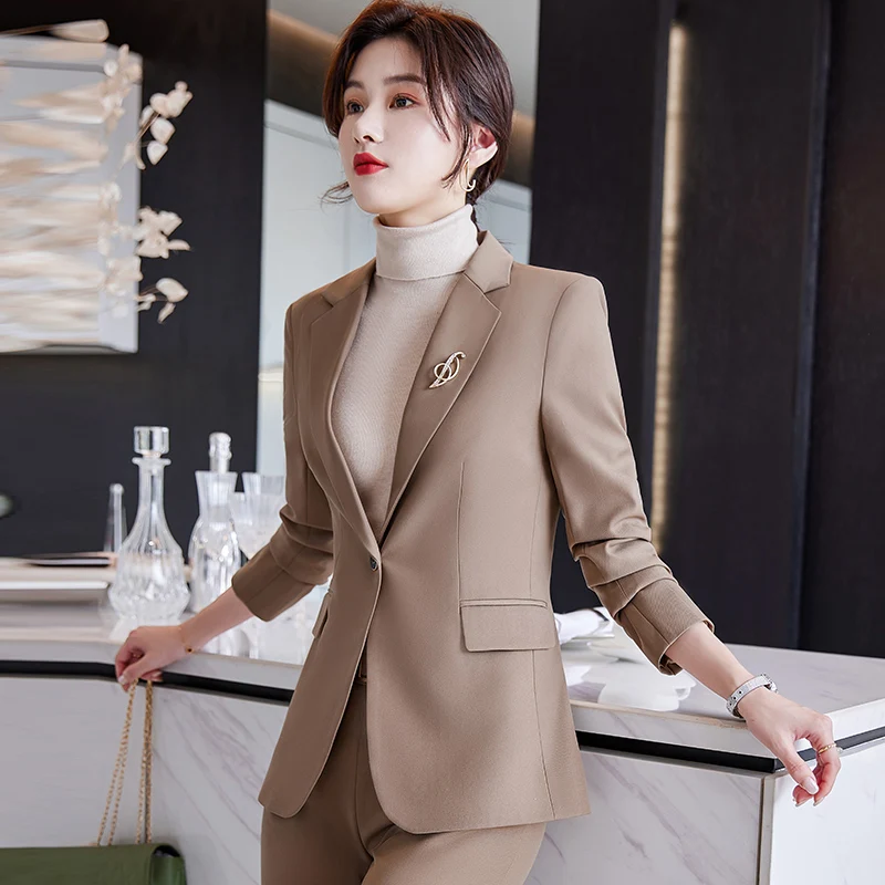 Formal Khaki Blazer Women Business Suits 2 Piece Pant and Top Sets Office Ladies Jackets Work Uniform OL Style Pantsuits