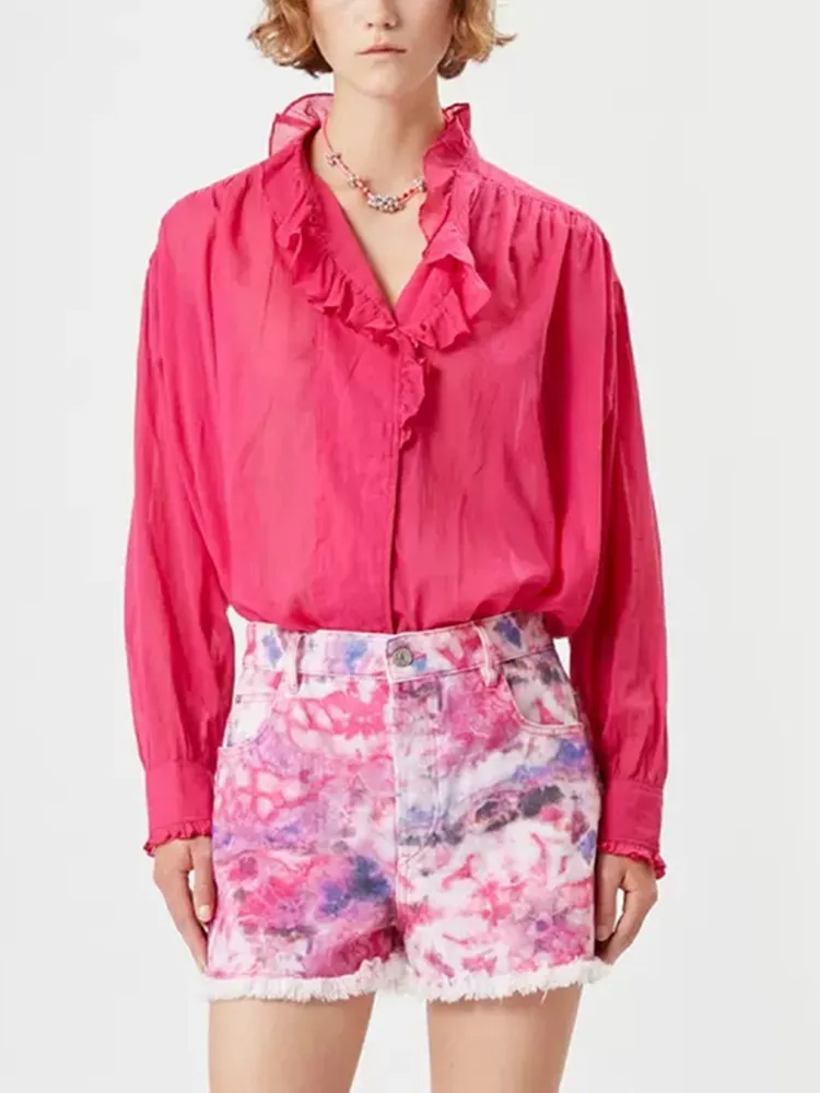 

Women Blouse Ruffles Long Sleeve Single Breasted Shirt