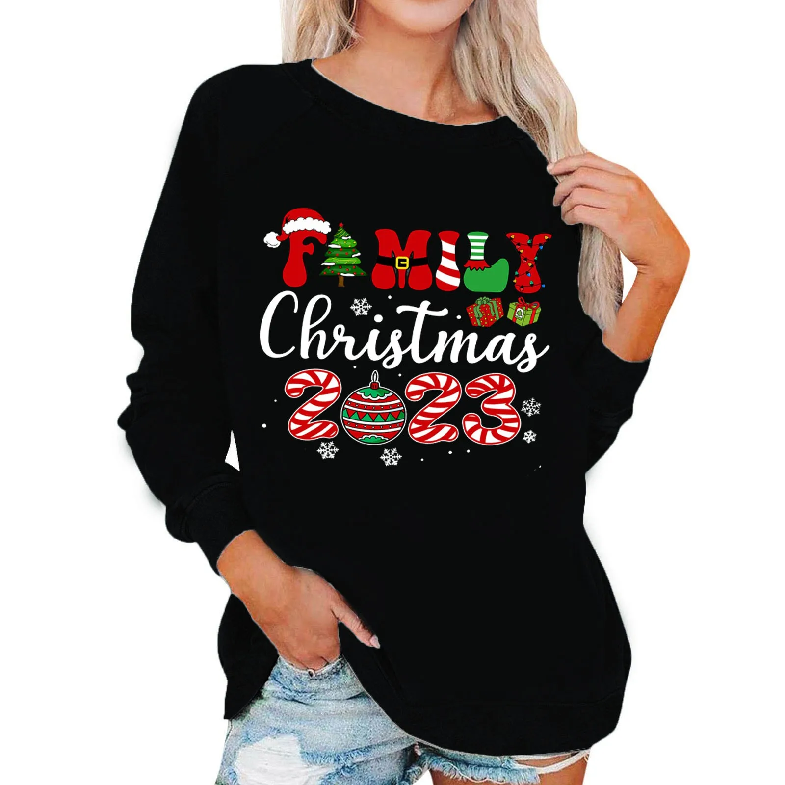 

Sweatshirt Elegant Round Neck Women Pullovers Elegant Casual Long Sleeves Christmas Print Women Sweatshirts High Quality 여성의류