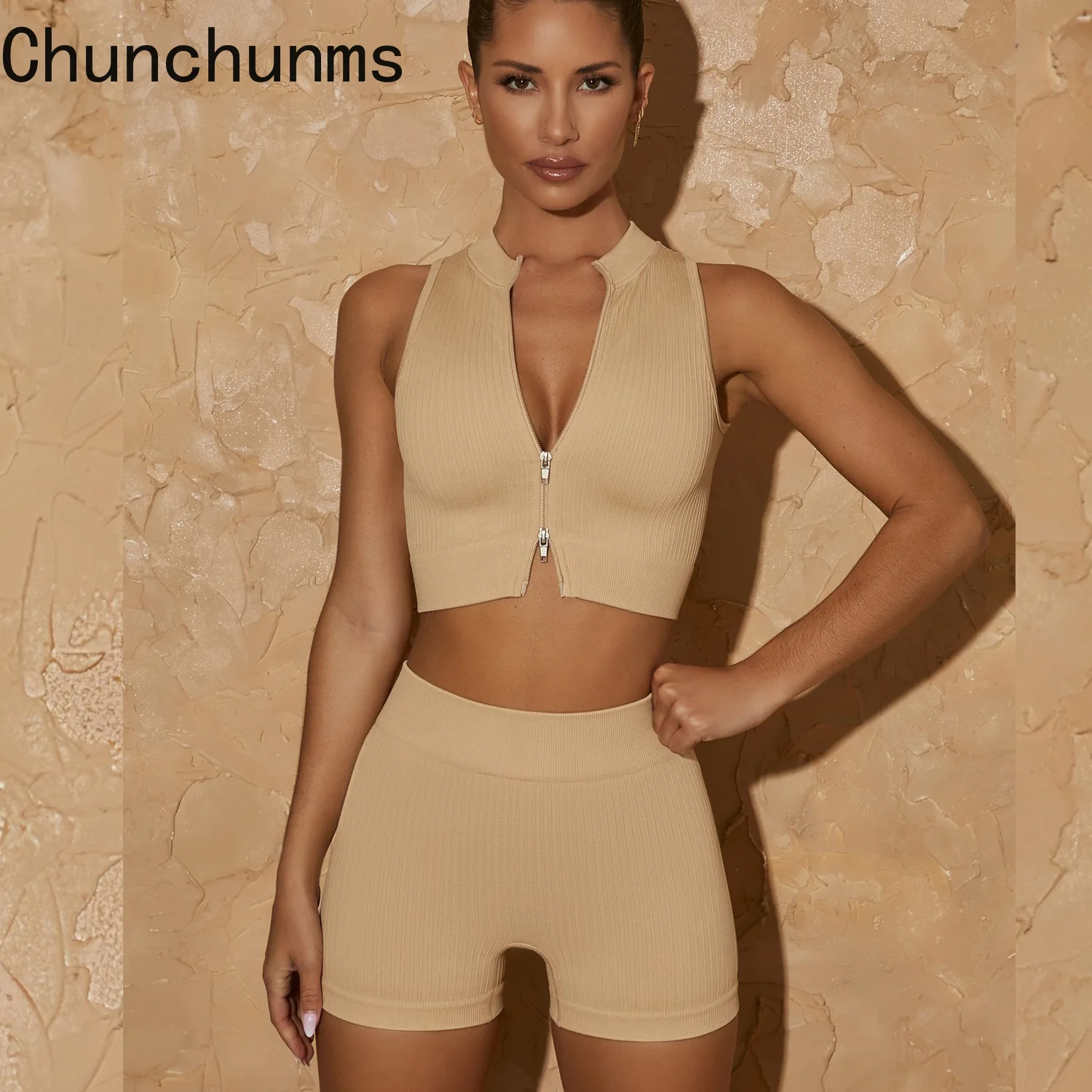 

2022 Women Zipper Sports Sleeveless Fitness Tank Top Shorts 2 Piece Woman Set Yoga Slim Stretch Tight Hip Workout Shorts Suits