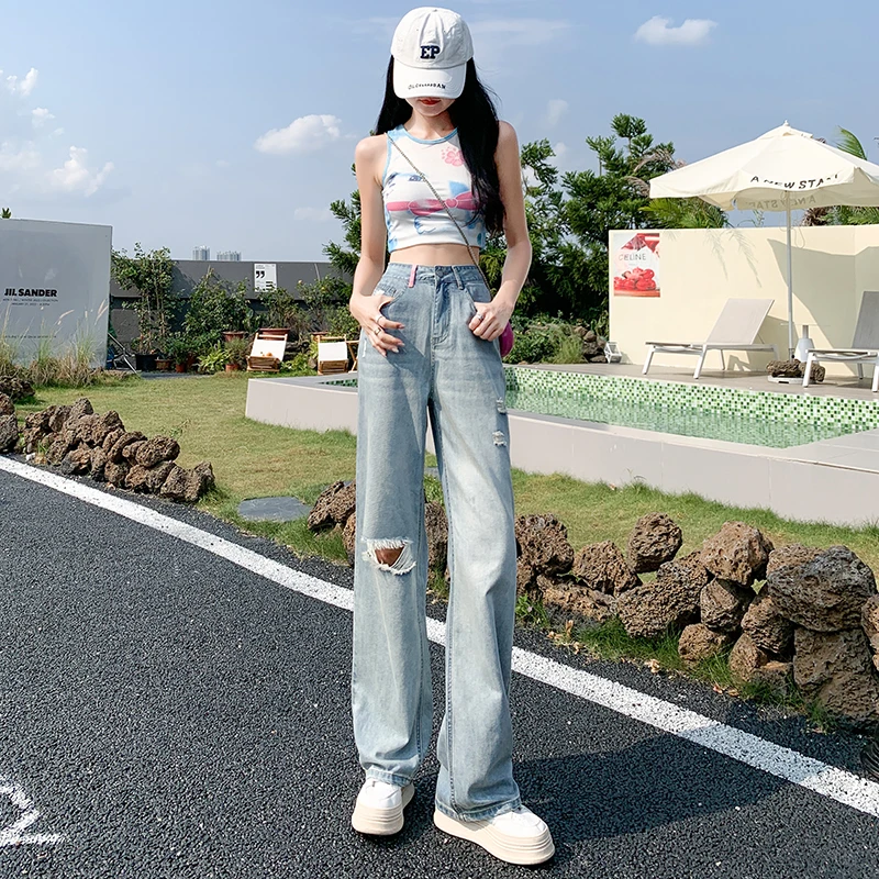 Jeans Women's Blue Commuter Spring/Summer Perforated Thin High Waist Wide Leg Pants New Small Straight Floor Dragging Pants
