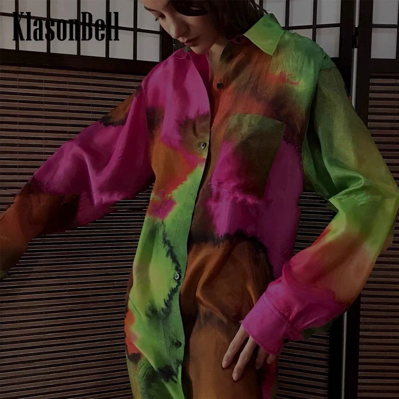10.31 KlasonBell Fashion Contrast Color Tie Dye Print Cotton Long Sleeve Casual Shirt / Blouse Women