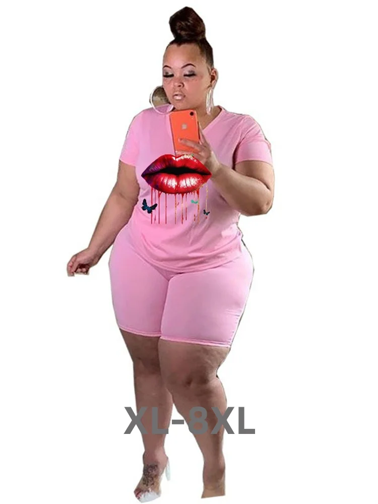 

Plus Size Two Piece Sets Women New in Matching Sets Lip Print Top Shorts Tracksuit Casual Summer Whole 3xl 4xl 5xl 6xl