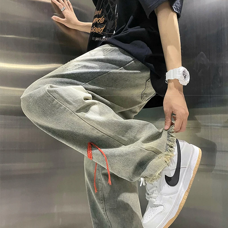 Ripped High Street Straight Leg Jeans for Men Korean Fashion Trends Streetwear Bottom Teenage Vintage Denim Pants Casual Clothes