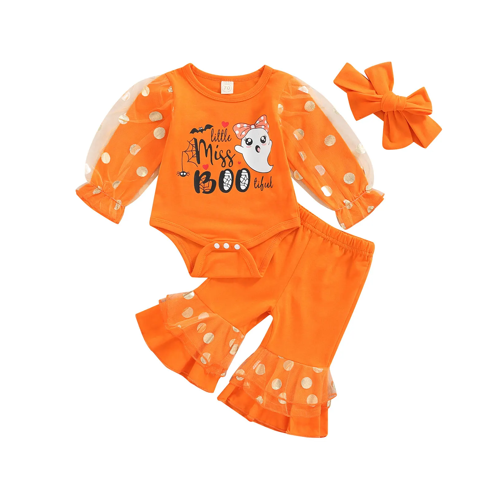 

Baby Girls Halloween Long Sleeve Letters Ghost Print Romper with Patchwork Flare Pants Bowknot Headband