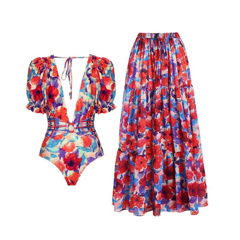 

2023 Flower Print Women One-piece Swimsuit Retro Deep-V Gorgeous Red And Swimwear Summer Beach Wear Strappy Swimming Bath Suit