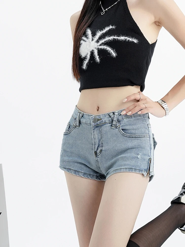 Streetwear Women Vintage Loose High Waist Mini Denim Shorts Spring Summer Female Button Wide Leg Jeans Shorts Bottoms