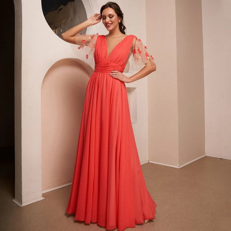 

Simple V-Neck Flowers Hlaf Sleeves Pleats Ruched Zipper Chiffon A-Line Prom Gown Evening Dress Vestidos De Noche