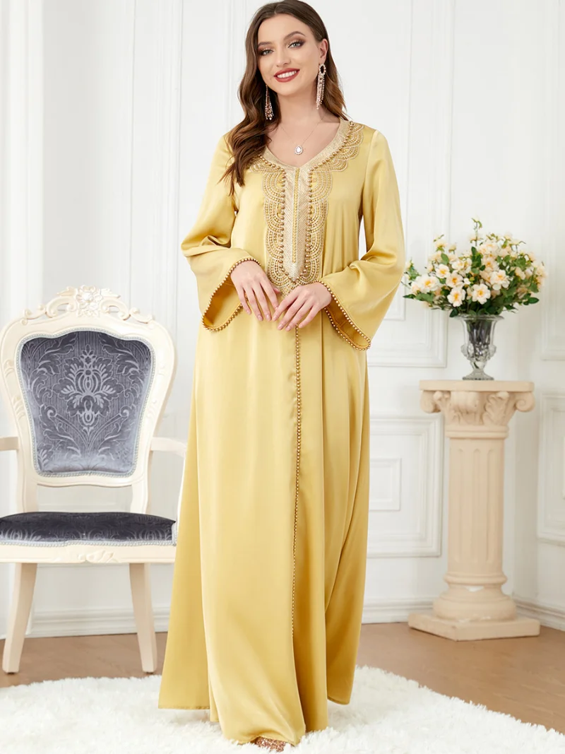 Arab Clothes for Women Golden Yellow Beaded Abaya Dress Ramadan Eid 2023 Elegant Muslim Dubai Turkey Moroccan Jalabiya