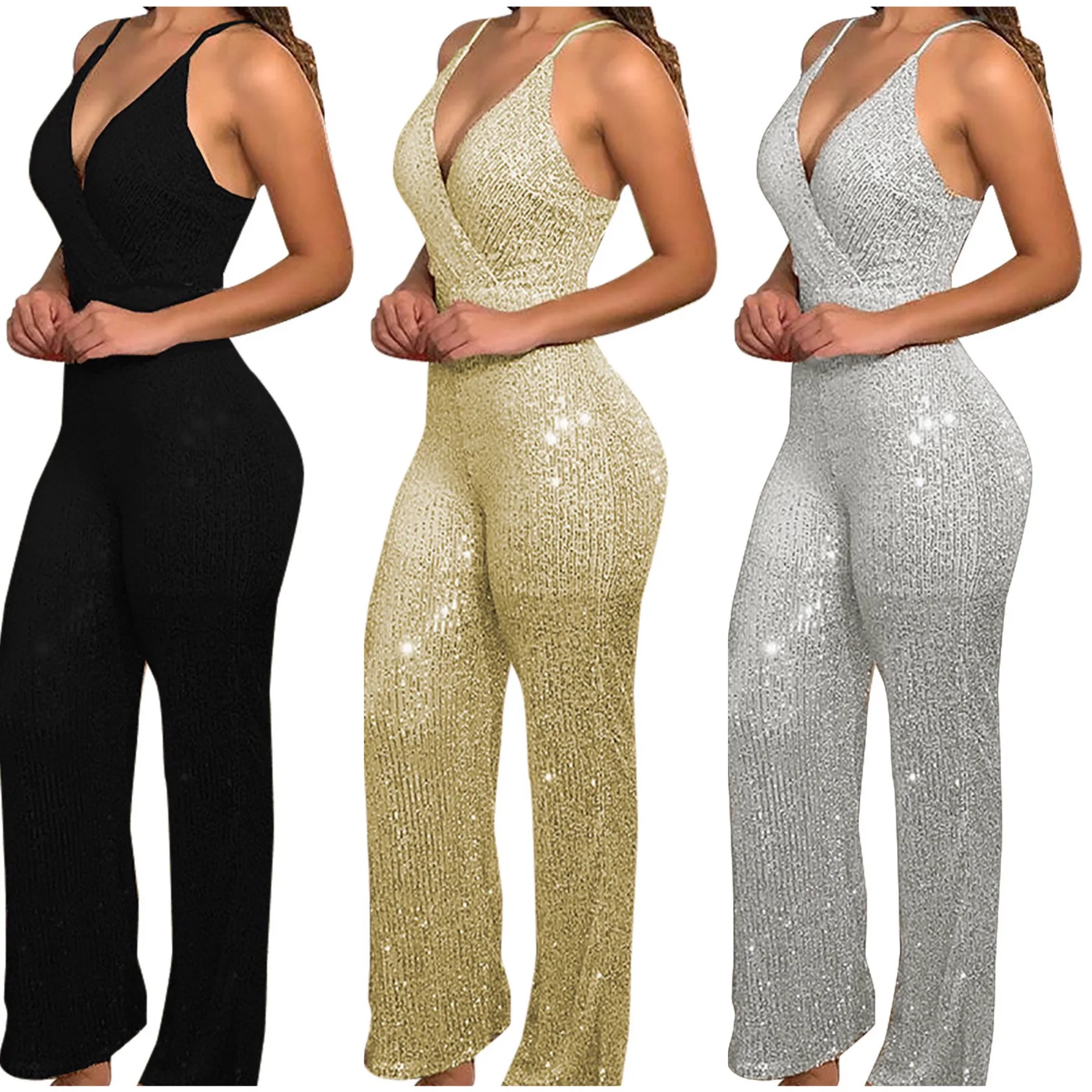 

Sexy Backless Gold Sequin Bosycon Jumpsuit Women Long Sleeve Evening Party Night Club Bodysuit One Piece Rompers Overall Pant