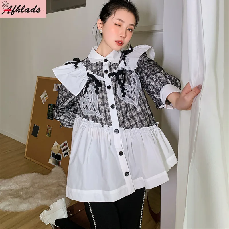 

Runway Autumn Patchwork Contrast Color Ruffles Turn-Down Collar Lace Shirt Women's Spring Long Sleeve Office Lady Blouse