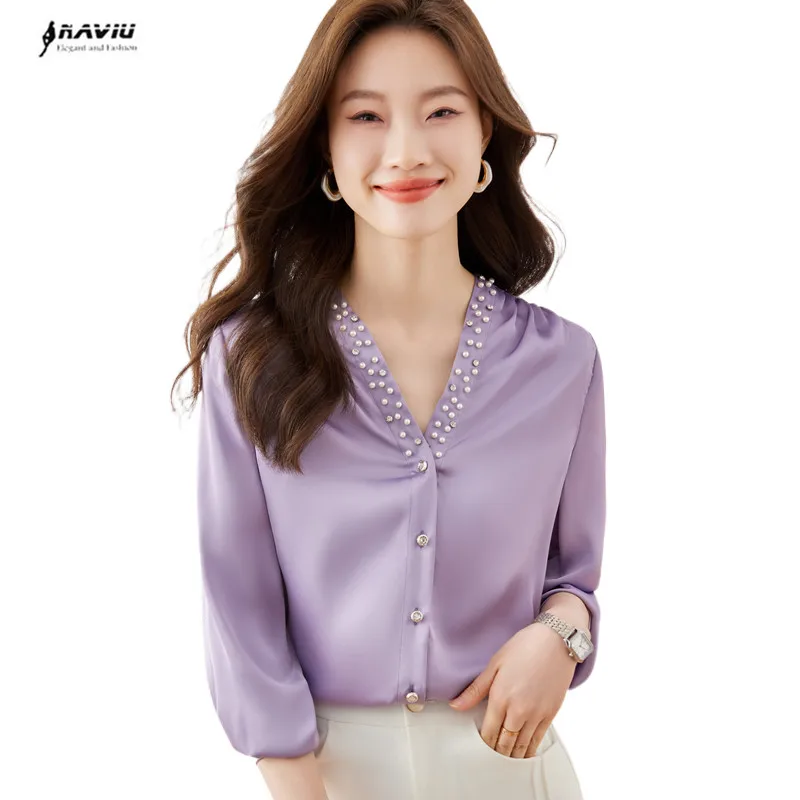 

NAVIU Light Purple V Neck Embroidered Flares Shirt Women New 2023 Autumn Temperament Long Sleeve Blouses Office Lady Work Tops