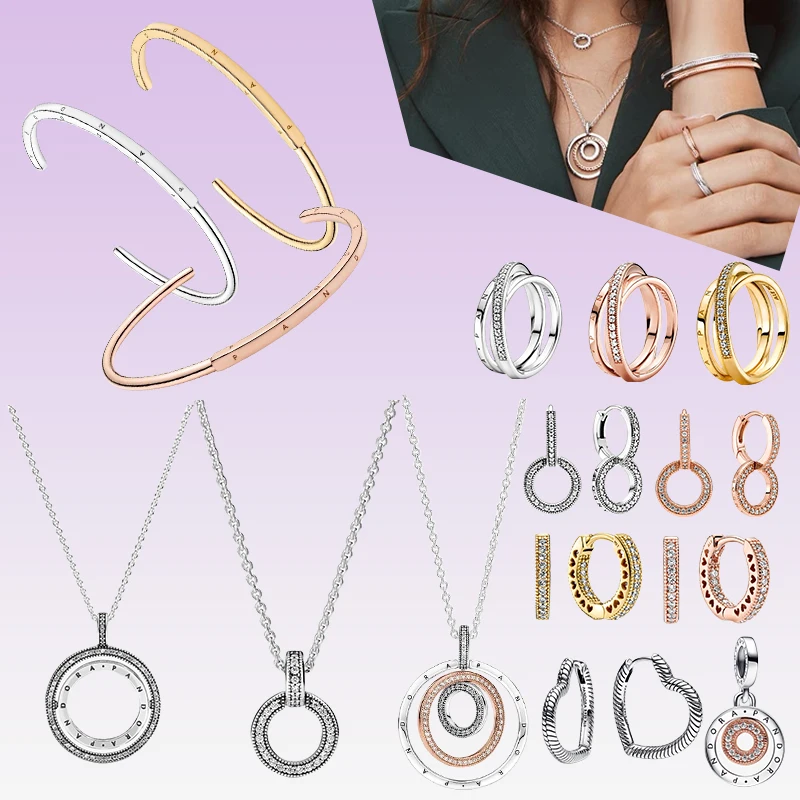 

New Charm 925 Sterling Silver DIY Jewelry Gift Original Logo Open Bracelet with Ring Necklace Women