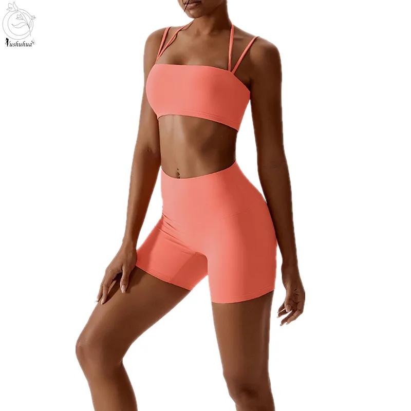 

Yushuhua Новый женский спортивный комплект из 2 предметов для бега с лямкой на шее красивый бюстгальтер для йоги топ с высокой талией шорты для фитнеса женский спортивный костюм для йоги