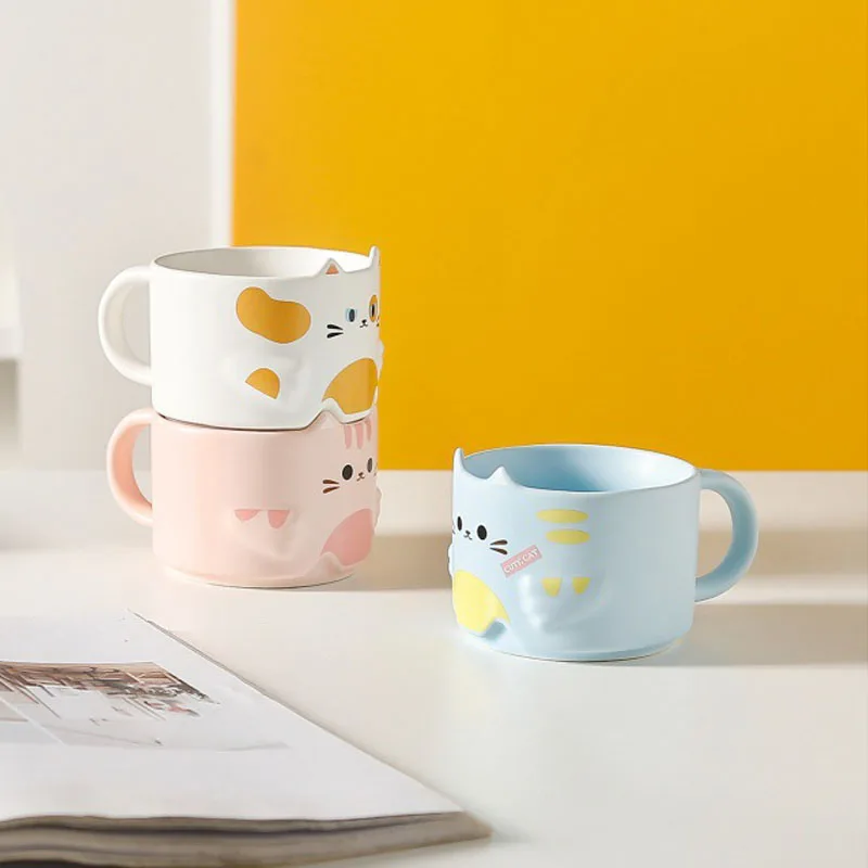 

300ml Cartoon Cute Cat Mugs Coffee Cups Stackable Ceramic Mug Breakfast Drinking Water Milk Juice Tea Cup Home Office Drinkware