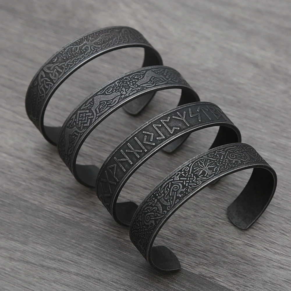 Black Stainless Steel Viking Rune Bracelet For Men Retro Nordic Viking Tree of Life Bracelet Biker Fashion Jewelry Amulet Gift