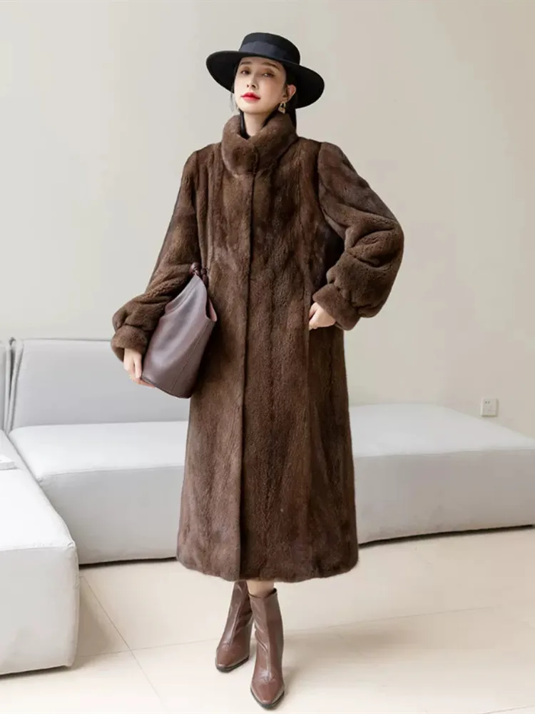 

Luxury Real Velvet Mink Fur Long Coats Imported Whole Mink Stand-up Collar Overcoats Women Warm Winter Thick Jacket 2023 New