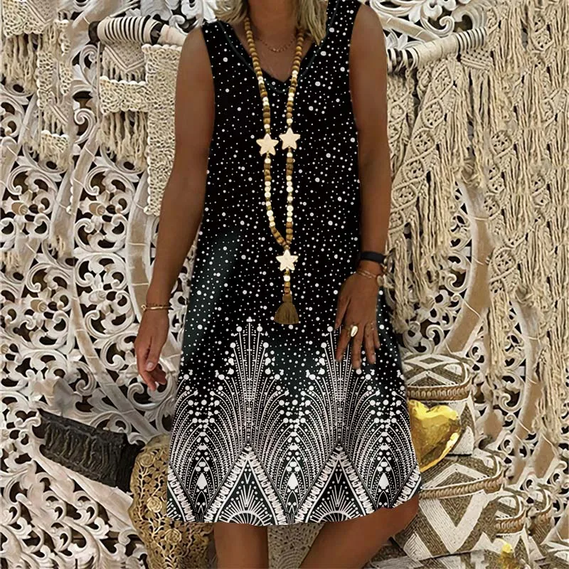 

Women's 2022 Summer New Fashion Polka Dot Geometric Print Sleeveless Casual V-Neck Plus Size Soft and Comfortable Dress S-5XL