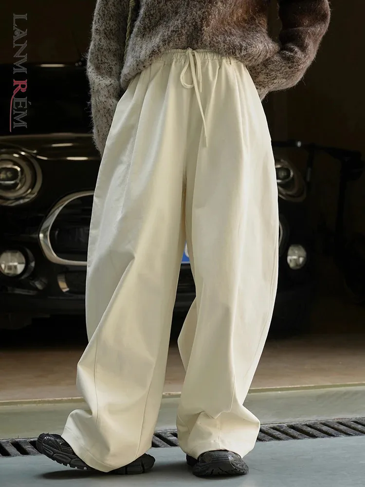 

LANMREM Женские однотонные длинные брюки свободные на шнуровке с высокой талией свободные универсальные широкие брюки повседневные 2024 Весенние Новые 2AA3860