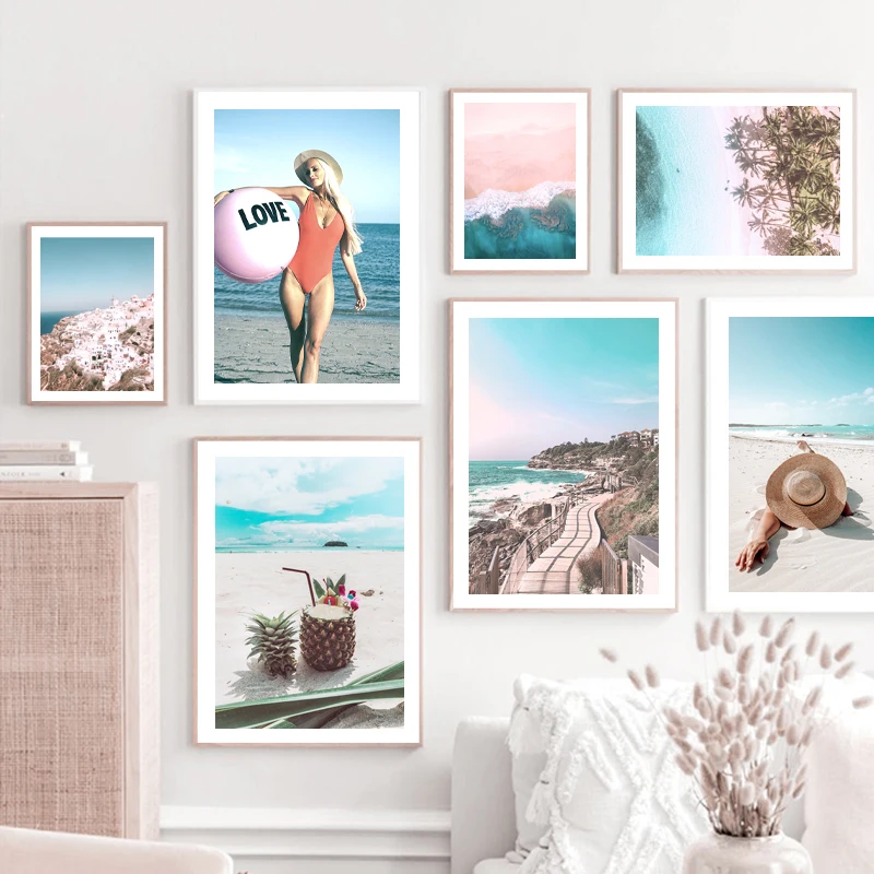 

Summer Sea Beach Landscape Poster Woman Flower Pineapple Wall Art Canvas Painting Frameless Seascape Pictures for Home Interior