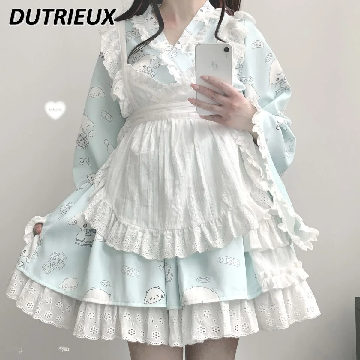 Кружевной топ с длинными рукавами и юбкой высокой талией в японском стиле Лолиты