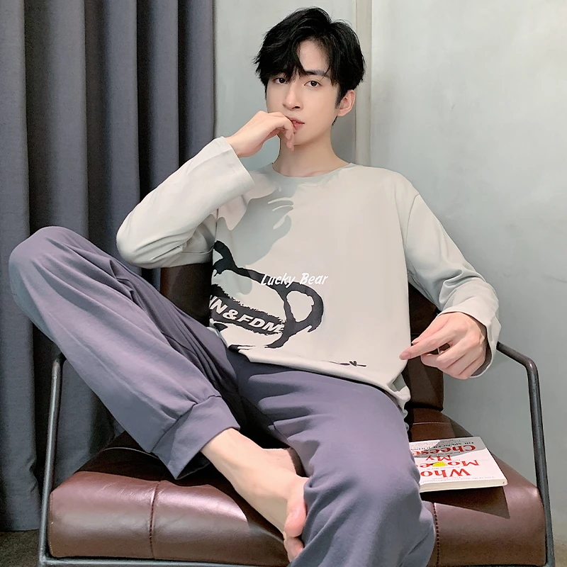 CAIYIER Big Size L-5XL Male Pajamas Set O-Neck Long Sleeve Trousers Casual Soft Sleepwear For Men Cute Bear Winter Loungewear