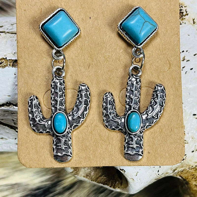 

TURQUOISE CACTUS JEWELRY Cactus Post Earrings for Women Hand-stamped Rustic Southwestern Boho Earrings with Blue Stone Saguaro
